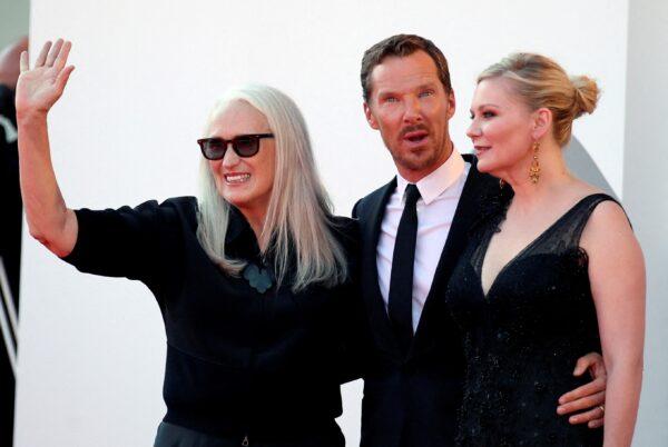 Director Jane Campion (L), actor Benedict Cumberbatch (C) and actress Kirsten Dunst (R) in the 78th Venice Film Festival in Venice, Italy, on Sept. 2, 2021. (Yara Nardi/Reuters)