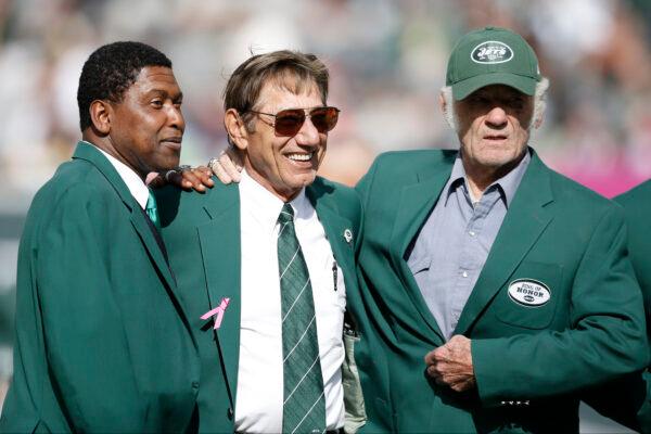 Former New York Jets wide receiver Wesley Walker (L), Hall of Fame quarterback Joe Namath (C), and Hall of Fame wide receiver Don Maynard (R) participate in a New York Jets Ring of Honor ceremony honoring former Jets defensive tackle Marty Lyons during a halftime ceremony of an NFL football game between the New York Jets and the Pittsburgh Steelers in East Rutherford, N.J., on Oct. 13, 2013. (Kathy Willens/AP Photo)