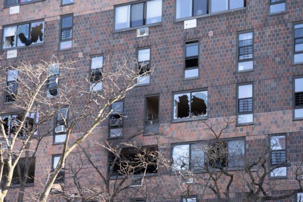 The aftermath of a five-alarm fire in an apartment building in the Bronx, New York, on Jan. 10, 2022. (Dave Paone/The Epoch Times)