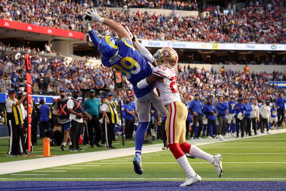 Tyler Higbee #89 of the Los Angeles Rams makes a catch for a touchdown in front of Ambry Thomas #20 of the San Francisco 49ers in the second quarter of the game at SoFi Stadium, in Inglewood, Calif., on Jan. 9, 2022. (Harry How/Getty Images)