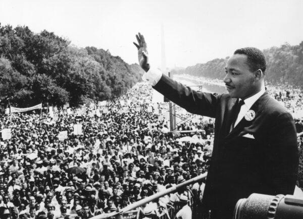 Civil rights leader Martin Luther King Jr. (1929–1968) addresses crowds during the "March on Washington" at the Lincoln Memorial, where he gave his "I have a dream" speech, in Washington on Aug. 28, 1963. (Central Press/Getty Images)