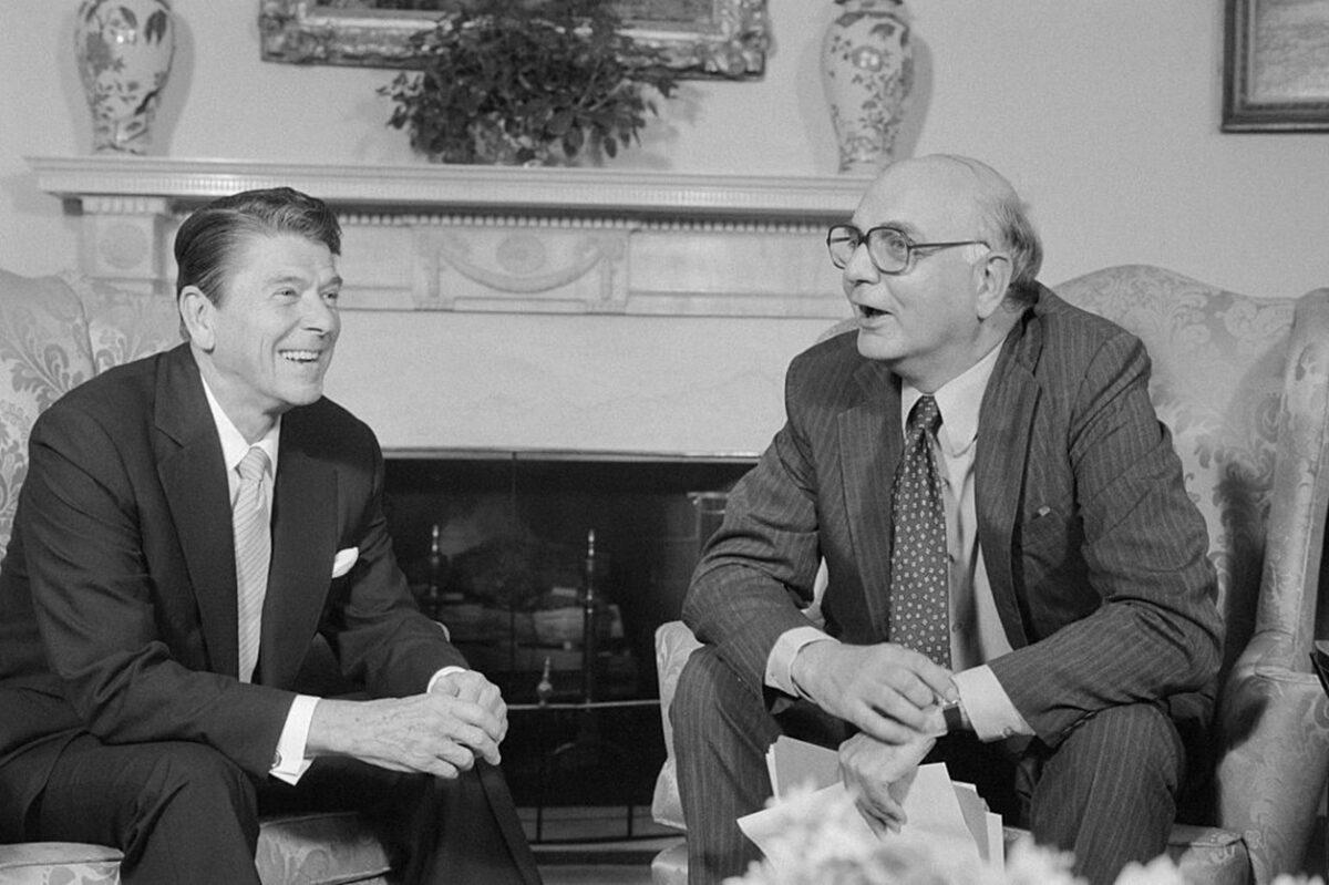 President Reagan meets with Paul Volcker, chairman of the Federal Reserve Board, in the Oval Office in Washington, D.C. (Getty Images)