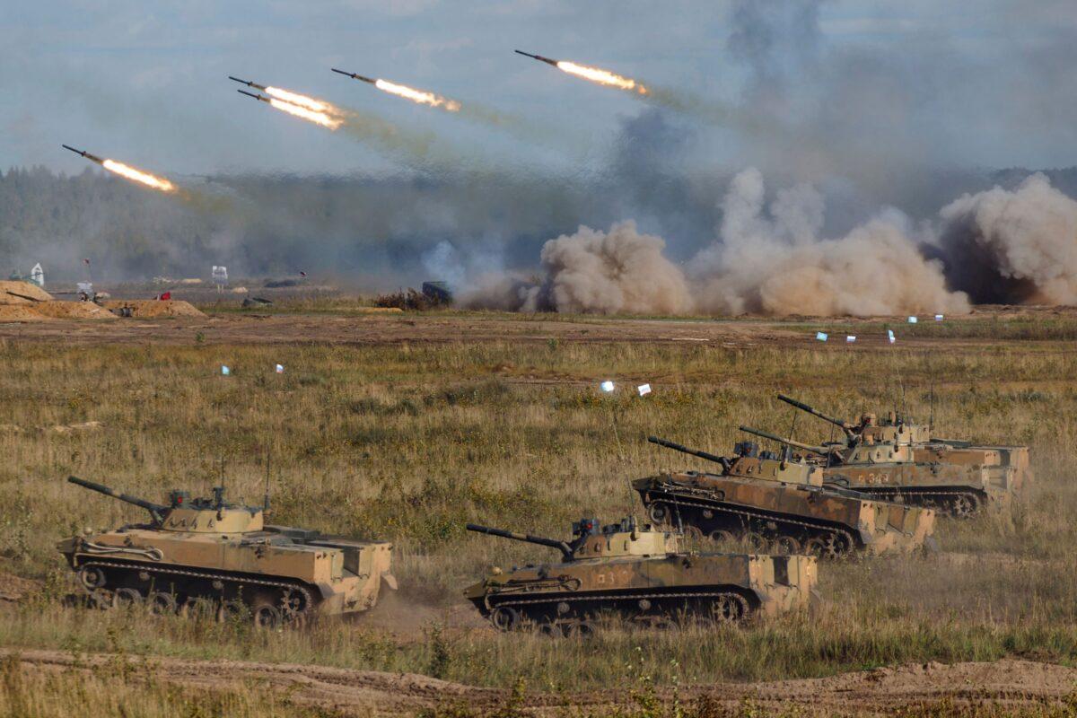 A view of the joint strategic exercise of the armed forces of the Russian Federation and the Republic of Belarus Zapad-2021 at the Mulino training ground in the Nizhny Novgorod region, Russia, on Sept. 11, 2021. (Vadim Savitskiy/Russian Defense Ministry Press Service via AP)