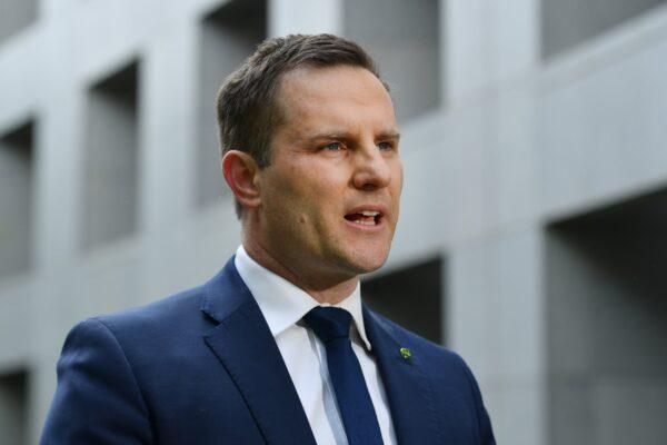 Minister for Immigration Alex Hawke at a press conference at Parliament House in Canberra, Australia, on Oct. 20, 2021. (AAP Image/Mick Tsikas)