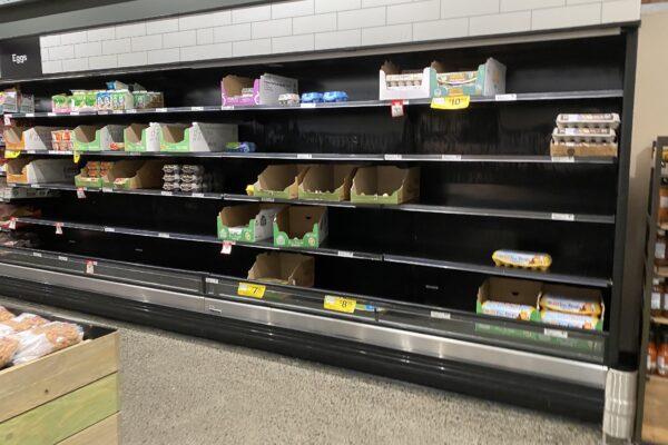 Empty shelves of eggs are seen at a supermarket in Sydney, Australia, on Jan. 7, 2022. (AAP Image/Mick Tsikas)