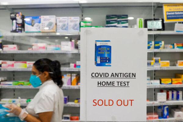 A sign indicating sold out rapid antigen tests is posted in a Balgowlah pharmacy in Sydney, Australia, on Jan. 10, 2022.(Jenny Evans/Getty Images)