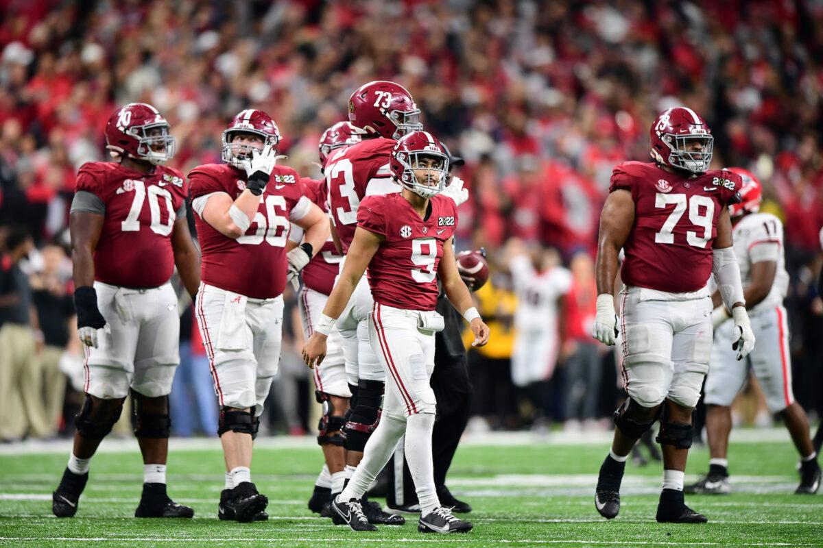 Bryce Young #9 of the Alabama Crimson Tide looks on after being sacked in the fourth quarter of the game against the Georgia Bulldogs during the 2022 CFP National Championship Game at Lucas Oil Stadium, in Indianapolis, on January 10, 2022. (Emilee Chinn/Getty Images)