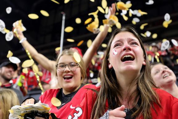 Georgia Bulldogs fans react after the Georgia Bulldogs defeated the Alabama Crimson Tide 33-18 in the 2022 CFP National Championship Game at Lucas Oil Stadium, in Indianapolis, on January 10, 2022. (Carmen Mandato/Getty Images)