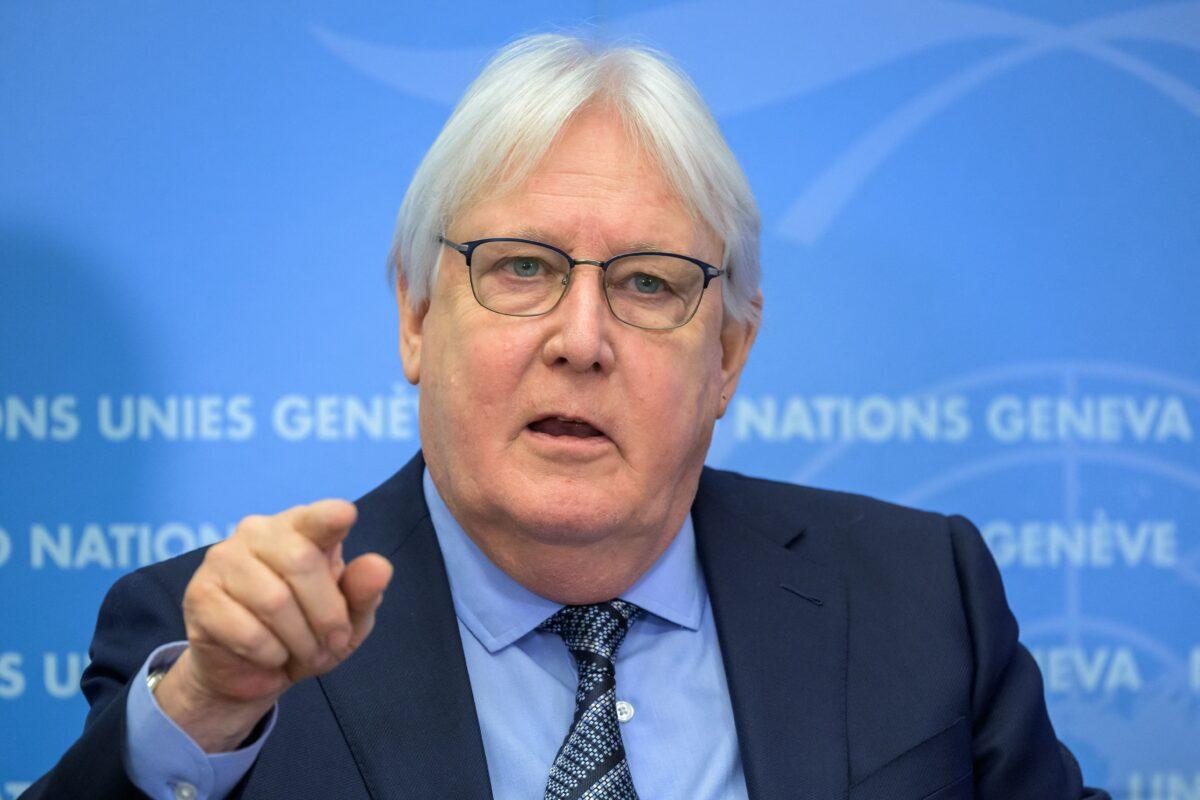 United Nations (UN) Under-Secretary-General for humanitarian affairs and emergency relief coordinator Martin Griffiths gestures during a press conference on the launch of the 2022 humanitarian response plans for Afghanistan and the region at the United Nations (UN) Offices in Geneva, Switzerland, on Jan. 10, 2022. (Fabrice Coffrini/AFP via Getty Images)