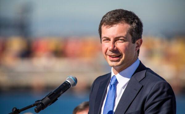 United States Secretary of Transportation Pete Buttigieg speaks in Long Beach, Calif., on Jan 11, 2022. (John Fredricks/The Epoch Times)