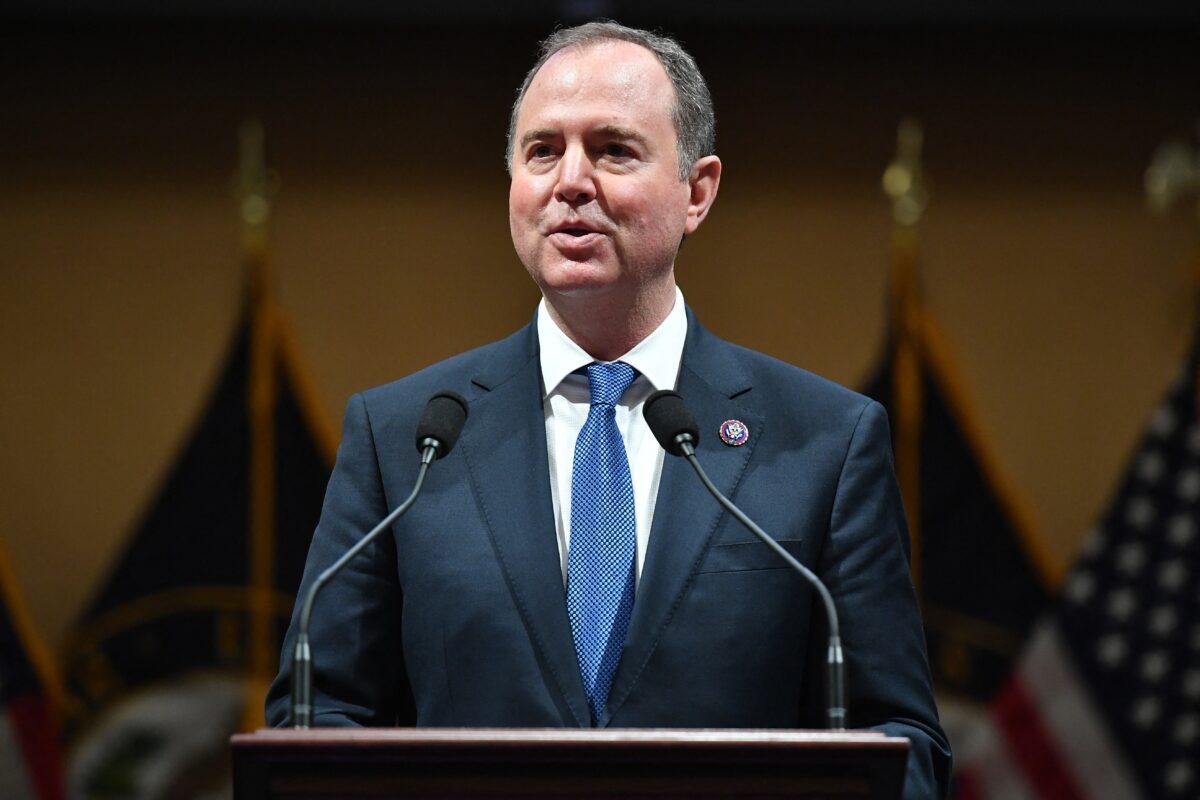 Rep. Adam Schiff (D-Calif.), speaks as members share the recollections on the first anniversary of the assault on the US Capitol in the Cannon House Office Building in Washington, on Jan. 6, 2022. (MANDEL NGAN/POOL/AFP via Getty Images)