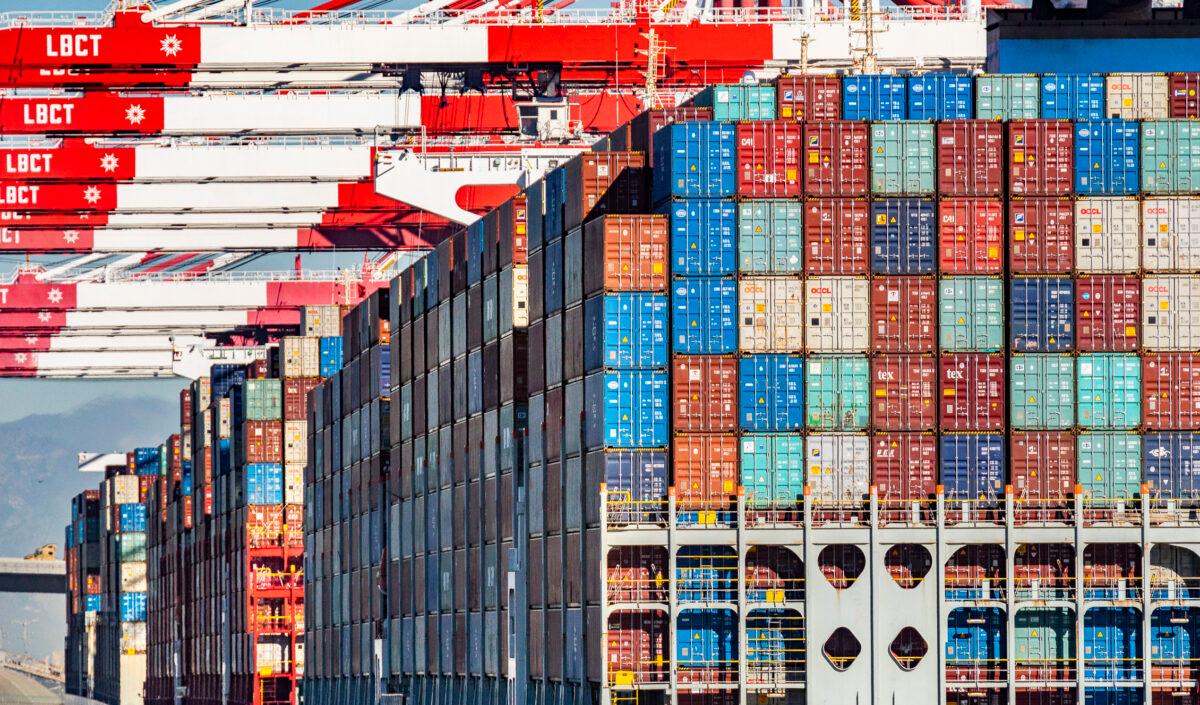 Cargo awaits offloading from ships in the Port of Long Beach, Calif., on Jan. 11, 2022. (John Fredricks/The Epoch Times)