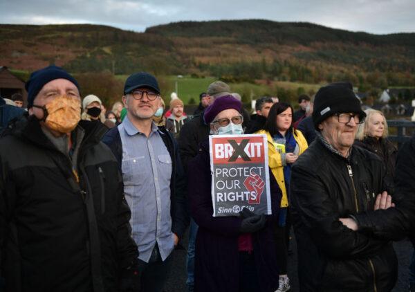 Border Communities against Brexit protestors take part in a demonstration in Newry, Northern Ireland, on Nov. 20, 2021. (Charles McQuillan/Getty Images)
