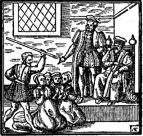 Suspected witches kneeling before King James VI, from "Daemonologie" (1597). (PD-US)