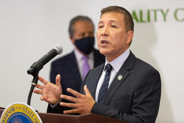 Mayor Vicente Sarmiento of Santa Ana speaks at a press conference speaks to reporters at AltaMed Urgent Care in Santa Ana, Calif., on March 25, 2021. (John Fredricks/The Epoch Times)