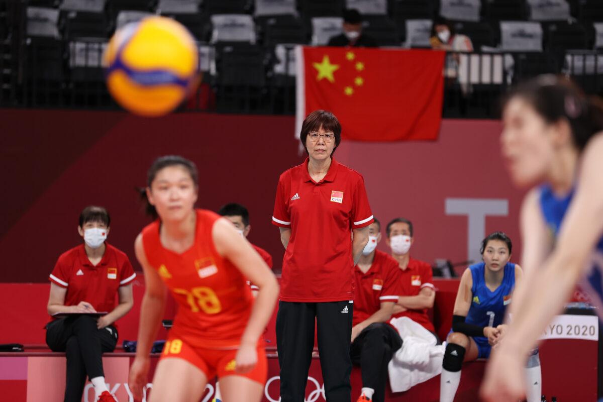 Lang Ping of Team China looks on against Team Argentina during the Women's Preliminary Pool B volleyball on day ten of the Tokyo 2020 Olympic Games at Ariake Arena in Tokyo, Japan, on Aug. 2, 2021. (Toru Hanai/Getty Images)