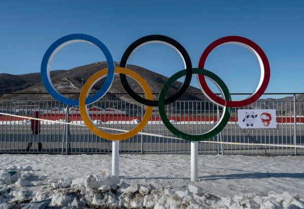 The Olympic Rings are seen inside one of the Athletes' Villages for the 2022 Beijing Winter Olympics before the area was closed in Hebei Province, northern China, on Jan. 3, 2022. (Kevin Frayer/Getty Images)