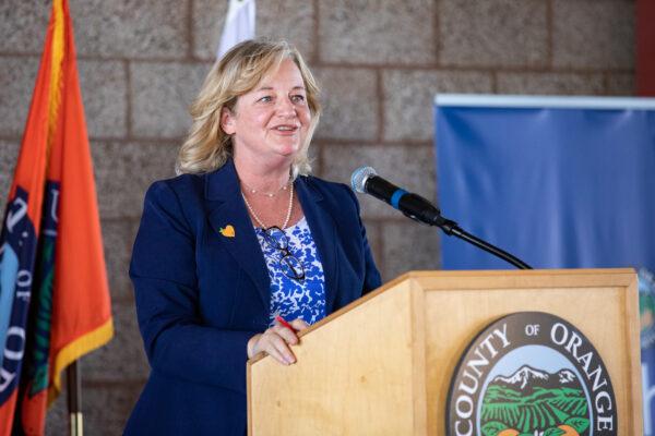Orange County Supervisor Katrina Foley speaks on the opening day of a coronavirus vaccination site at the Orange County Fairgrounds in Costa Mesa, Calif., on March 31, 2021. (John Fredricks/The Epoch Times)