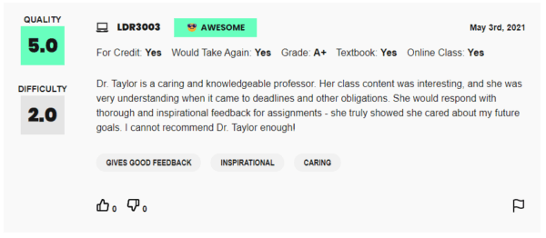Screenshot of review on Rate My Professors regarding Dianna Taylor. (Rate My Professors)