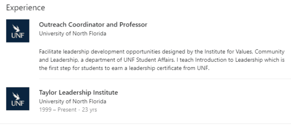 Screenshot of Professor Dianna Taylor's experience at The University of North Florida. (LinkedIn)