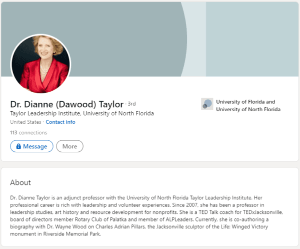 Screenshot of a second LinkedIn profile page for Dr. Dianna Taylor confirming her position as an adjunct professor at the University of North Florida. (LinkedIn)