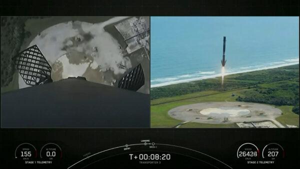 A SpaceX Falcon 9 rocket launches from Cape Canaveral, Fla., on Jan. 13, 2022, in a still from a video. (SpaceX via AP/Screenshot via The Epoch Times)