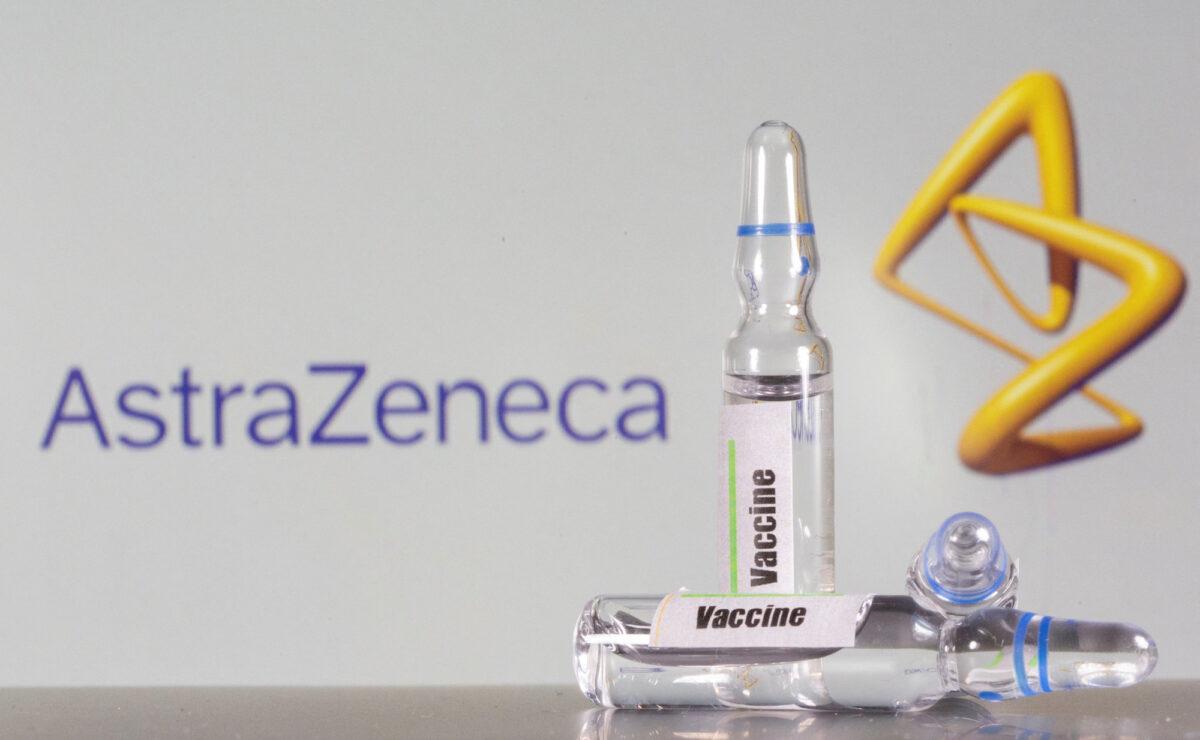 A sample vaccine vial is seen in front of the AstraZeneca logo in an illustration photo taken on Sept. 9, 2020. (Dado Ruvic/Reuters)