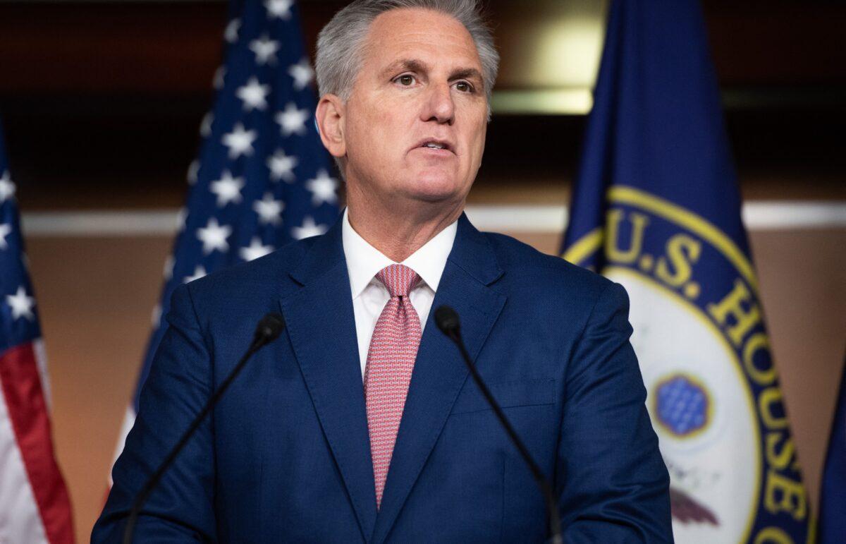 House Minority Leader Kevin McCarthy (R-Calif.) speaks to reporters on Capitol Hill in Washington on Jan. 13, 2022. (Saul Loeb/AFP via Getty Images)
