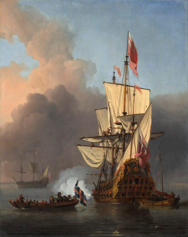 "An English Warship Firing a Salute," 1673, by Willem van de Velde the Younger. Oil on canvas; 26 1/8 inches by 20 13/16 inches. The Lee and Juliet Folger Fund, National Gallery of Art, Washington. (National Gallery of Art, Washington)
