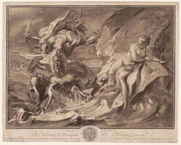 "Perseus and Andromeda," 1762, by François-Philippe Charpentier, after Carle Van Loo. Etching and aquatint with roulette and burnishing printed in brown-black sheet (trimmed to plate); 16 inches by 19 15/16 inches. Pepita Milmore Memorial Fund, National Gallery of Art, Washington. (National Gallery of Art, Washington)