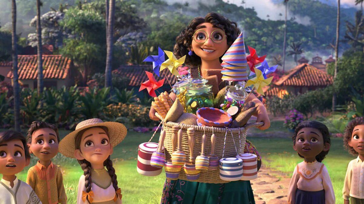 Mirabel Madrigal (voiced by Stephanie Beatriz) and children of a magical village located in Colombia or possibly another dimension, in "Encanto." (Walt Disney Animation Studios)