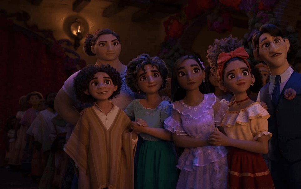 (L–R) Camilo (voiced by Rhenzy Feliz), Luisa (voiced by Jessica Darrow), Mirabel’s mom Julieta (voiced by Angie Cepeda), Isabella (voiced by Diane Guerrero), Dolores (voiced by Adassa), and Mirabel’s dad Agustin (voiced by Wilmer Valderrama), in "Encanto." (Walt Disney Animation Studios)