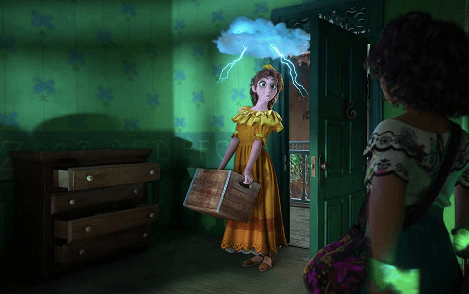 Sister Pepa (voiced by Carolina Gaitan) is not in a particularly good mood, as her personal weather system indicates, in "Encanto." (Walt Disney Animation Studios)