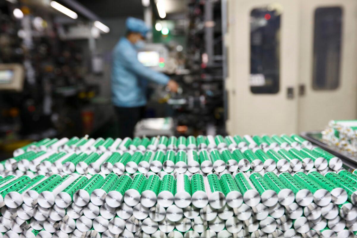 Lithium batteries are displayed in the workshop of a lithium battery manufacturing company in Huaibei, Anhui Province, China, on Nov. 14, 2020. (STR/AFP via Getty Images)