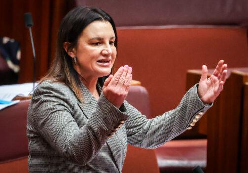 Senator Jacqui Lambie reacts as she speaks in the Australian Senate at Parliament House in Canberra, Australia, on September 3, 2020. (Photo by David Gray/Getty Images)
