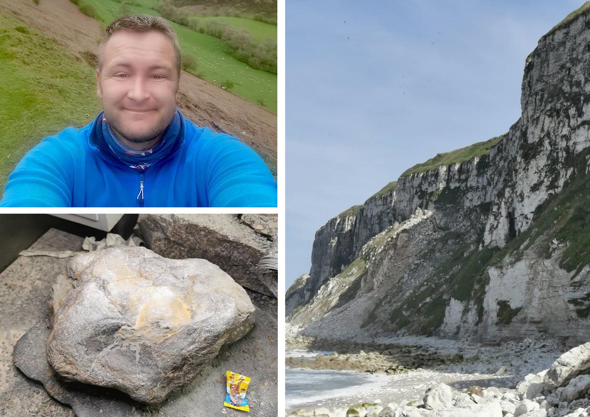  (Top-Left) Mark Kemp; (Bottom-Left) A glacial erratic containing the fossilized partial jaw section of a temnodontosaurus; (Right) A section of cliffline in Holderness, Yorkshire. (Courtesy of <a href="https://www.youtube.com/c/TheYorkshireFossilHunter/featured">Mark Kemp</a>)