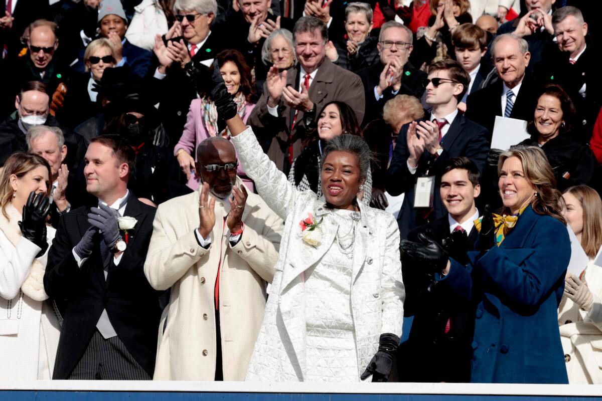 Virginia Lt. Gov. Winsome Sears (C) waves during the Inauguration address for Virginia Gov. Glenn Youngkin on the steps of the State Capitol in Richmond, Virginia, on Jan. 15, 2022. (Anna Moneymaker/Getty Images)