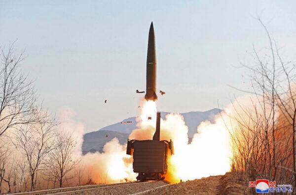 A missile test from railway in North Pyongan Province, North Korea, on Jan. 14, 2022. The content of this image is as provided and cannot be independently verified. (Korean Central News Agency/Korea News Service via AP)