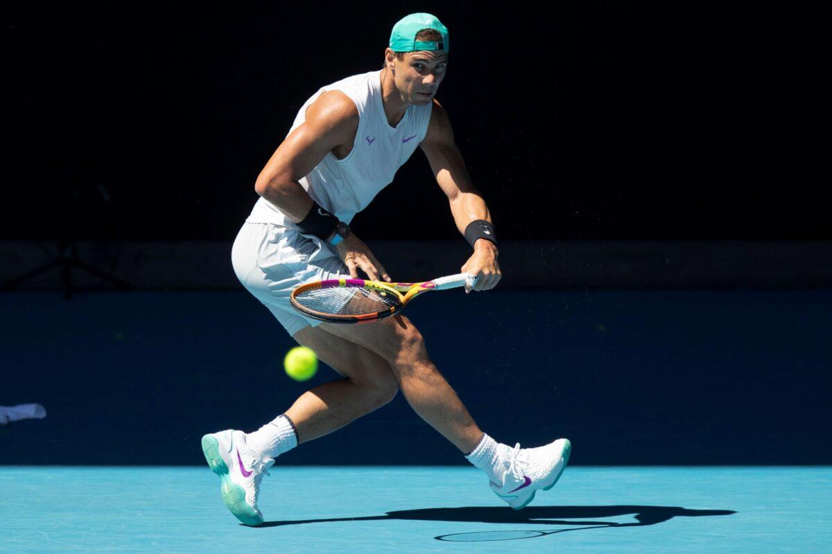 Spain's Rafael Nadal hits a return during practice on Rod Laver Area ahead of the Australian Open tennis championships in Melbourne, Australia, on Jan. 16, 2022. (Simon Baker/AP Photo)