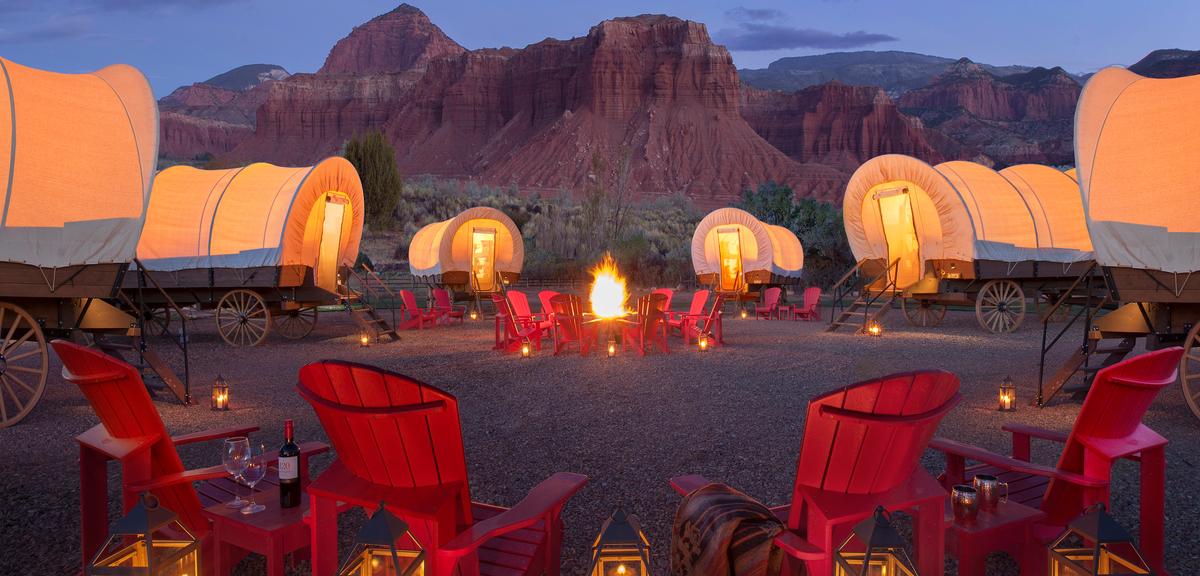 This southwestern U.S. “glamping” resort features Conestoga wagons transformed into luxurious cabins. (Courtesy of Capital Reef Resort)