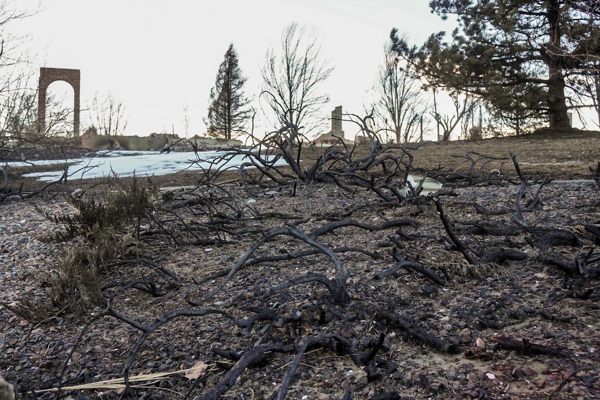 Once a lush hillside of landscaping is now only charred remains after the Marshall fire ripped through two towns in Colorado on Dec. 30, 2021. (Allan Stein/The Epoch Times)