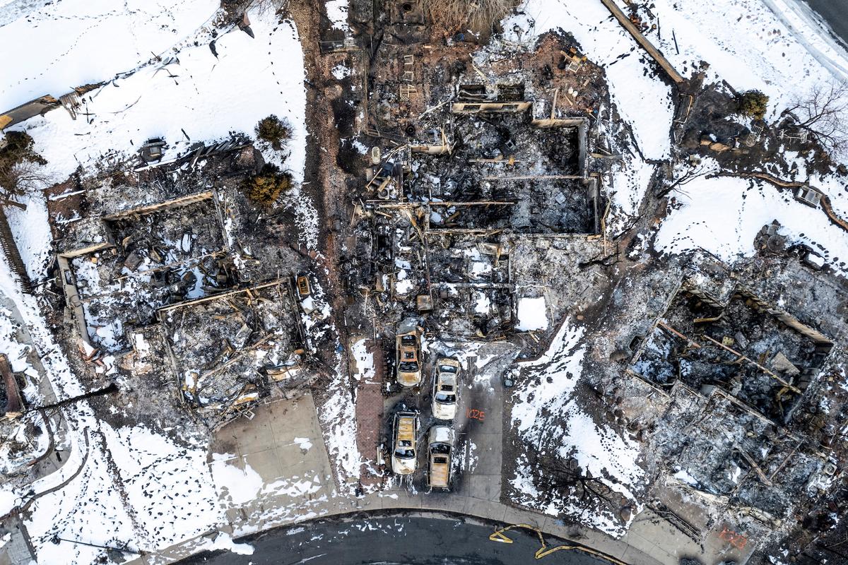 In this aerial view from a drone, burned homes sit in a neighborhood decimated by the Marshall fire in Louisville, Colo., on Jan. 4, 2022. (Michael Ciaglo/Getty Images)