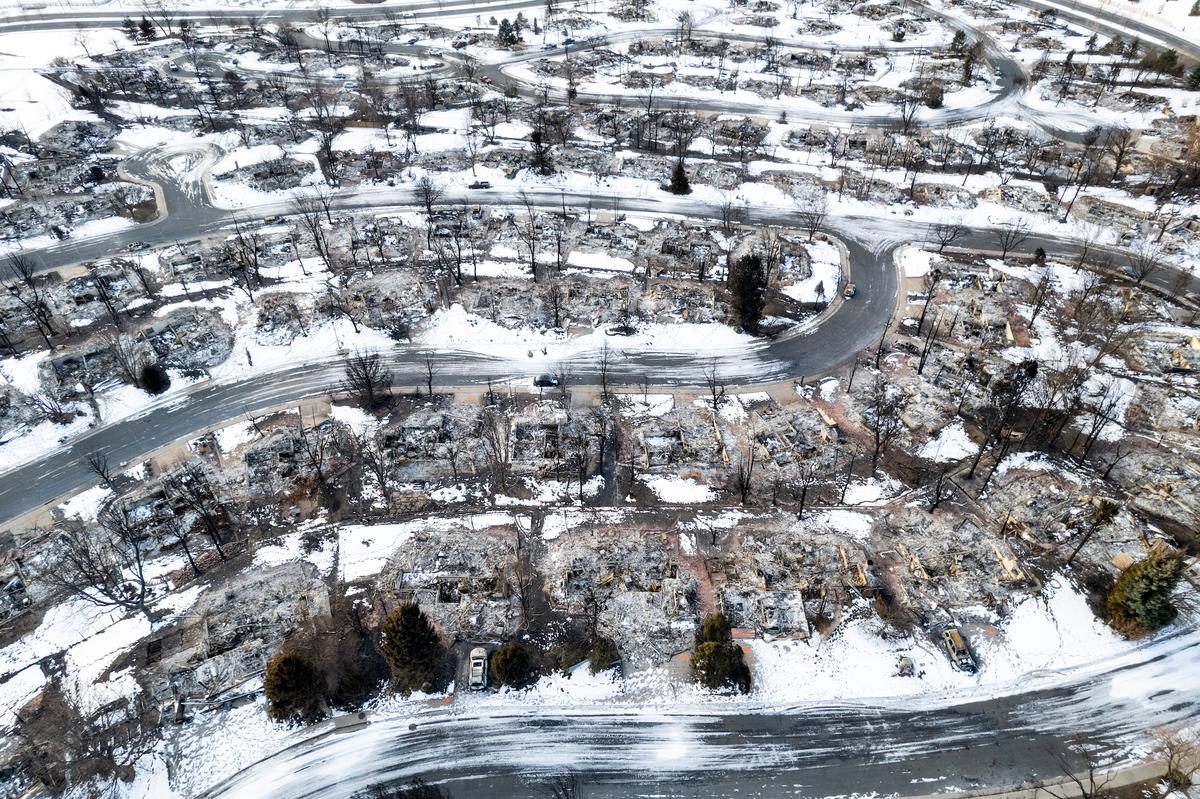 In this aerial view from a drone, burned homes sit in a neighborhood decimated by the Marshall Fire in Louisville, Colo., on Jan. 4, 2022. (Michael Ciaglo/Getty Images)