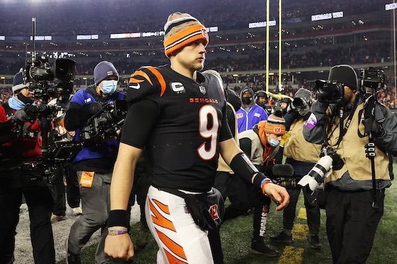 Joe Burrow #9 of the Cincinnati Bengals walks off the field following the Bengals 26-19 win over the Las Vegas Raiders during the AFC Wild Card playoff game at Paul Brown Stadium, in Cincinnati, on January 15, 2022. (Dylan Buell/Getty Images)