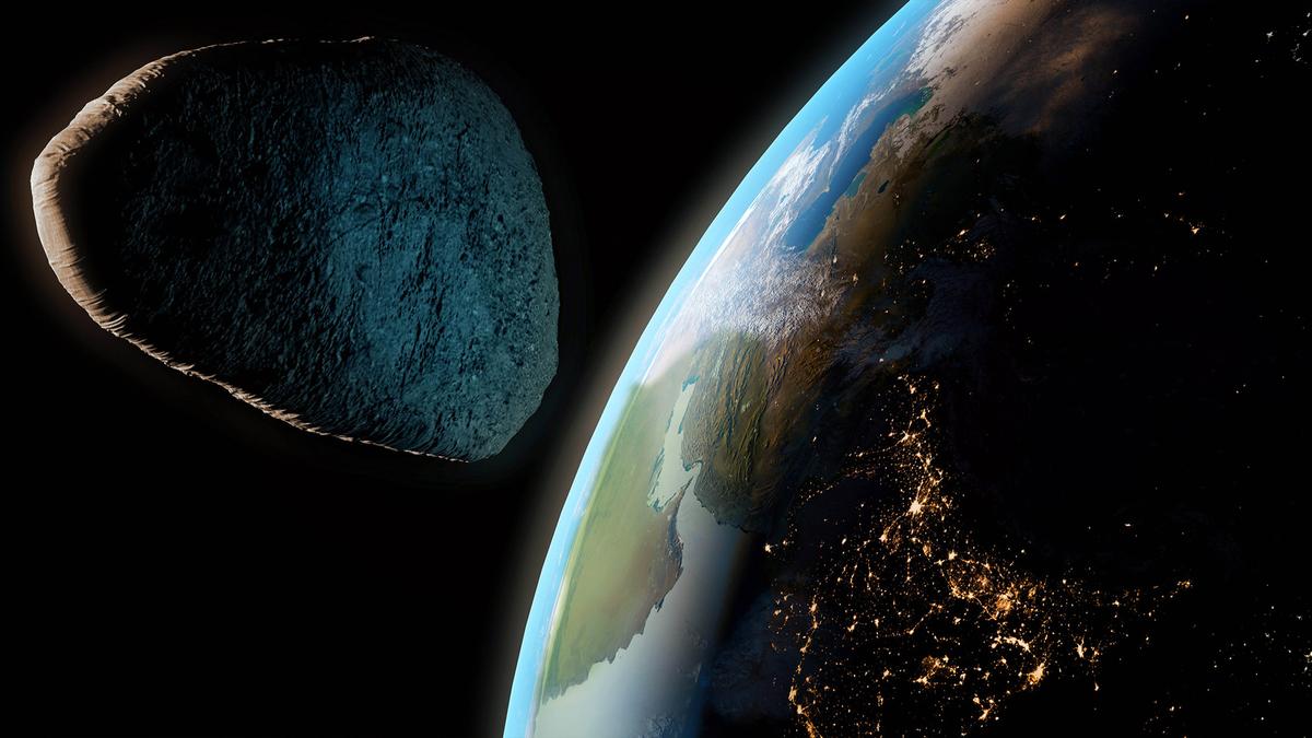 A 3D rendering of an asteroid passing by Earth. (Philipp Nedomlel/Shutterstock)