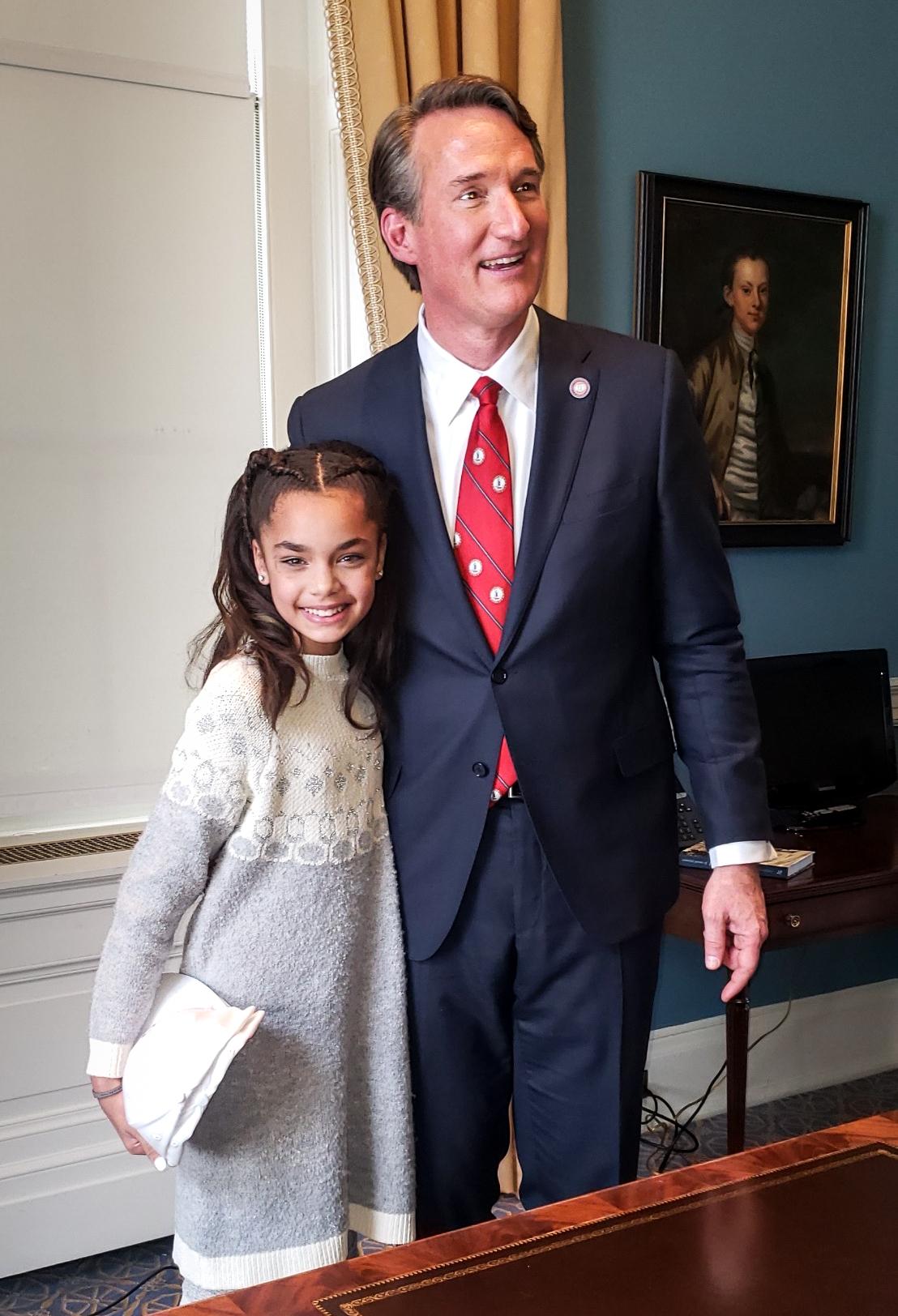Shawntel Cooper’s daughter Khloe with Virginia governor Glenn Youngkin in Youngkin’s office in Richmond, Va., on Jan. 15, 2022. (Courtesy of Shawntel Cooper)