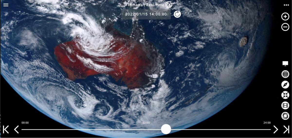 A plume rises over Tonga when the underwater volcano Hunga Tonga-Hunga Ha'apai erupted in this satellite image taken by Himawari-8, a Japanese weather satellite, on Jan. 15, 2022. (National Institute of Information and Communications Technology (NICT)/Handout via Reuters)