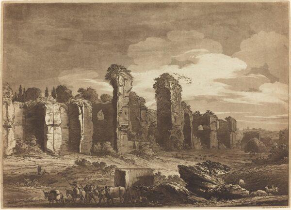 "View of the Remains of Caracalla's Baths, Taken From the Jesuits Gardens at Rome," 1779, by Richard Cooper II and publisher John Boydell. Etching and aquatint in brown on laid paper sheet (cut within platemark); 14 7/8 inches by 20 9/16 inches. Gift of Jacob Kainen, National Gallery of Art, Washington. (National Gallery of Art, Washington)