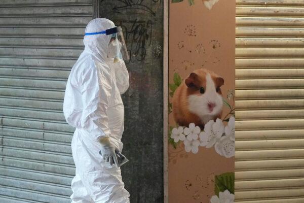A staff member from Agriculture, Fisheries, and Conservation Department walks past a pet shop that was closed after some pet hamsters were tested positive for the coronavirus, according to local authorities, in Hong Kong, on Jan. 18, 2022. (Kin Cheung/AP Photo)