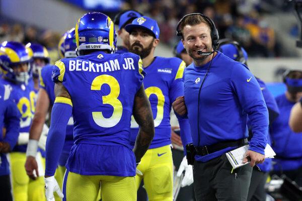 Head coach Sean McVay of the Los Angeles Rams reacts after a touchdown against the Arizona Cardinals during the third quarter in the NFC Wild Card Playoff game at SoFi Stadium on Jan. 17, 2022. (Harry How/Getty Images)